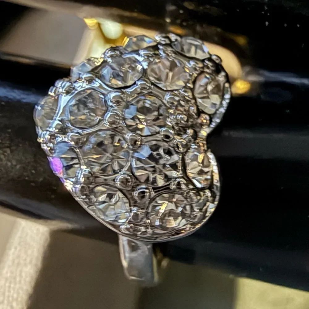 Silver Heart Rhinestone Statement Ring Size 9 Romantic Sparkle - Picture 7 of 16